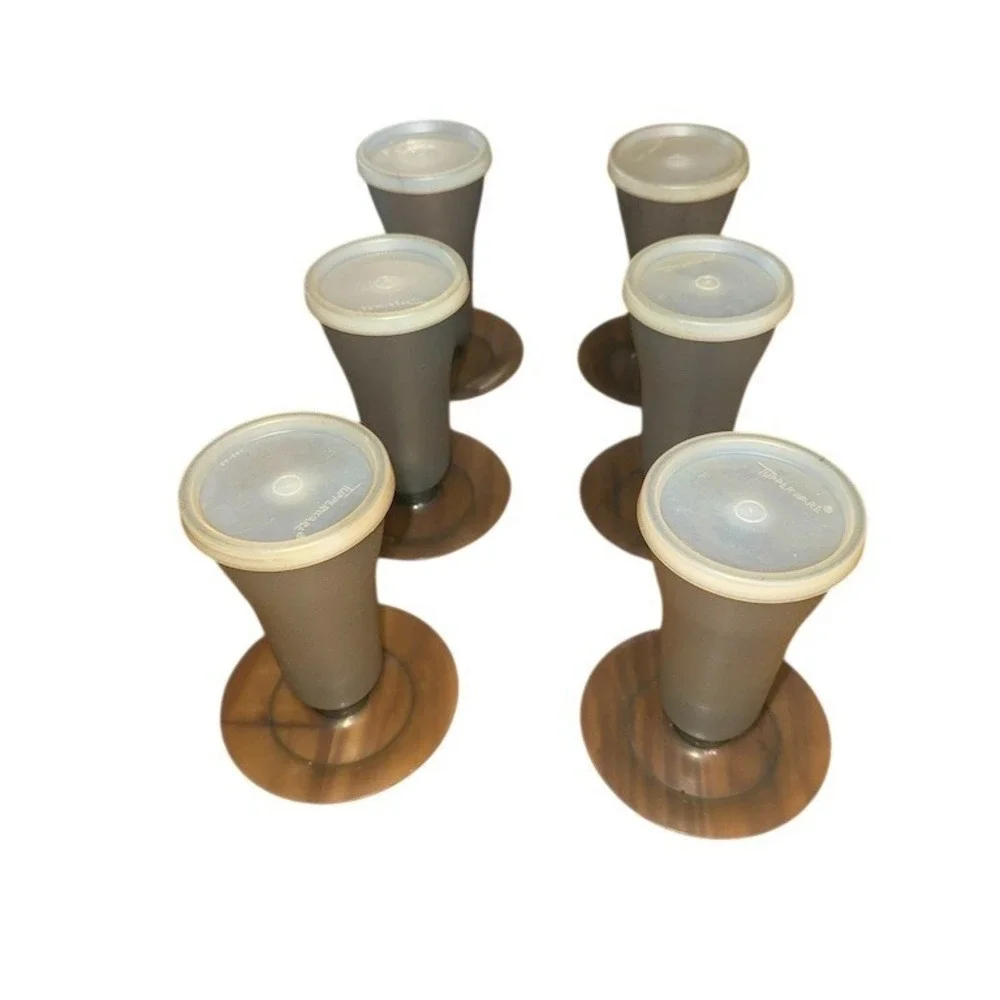 Vtg Tupperware Dessert Cups w Lids Set 6 Smoke Brown Footed parfait sundae jello